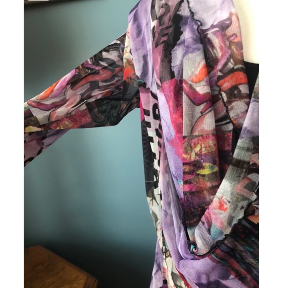 Simon Chang black and printed mesh overlay long sleeve dress EUC - Picture 3 of 16